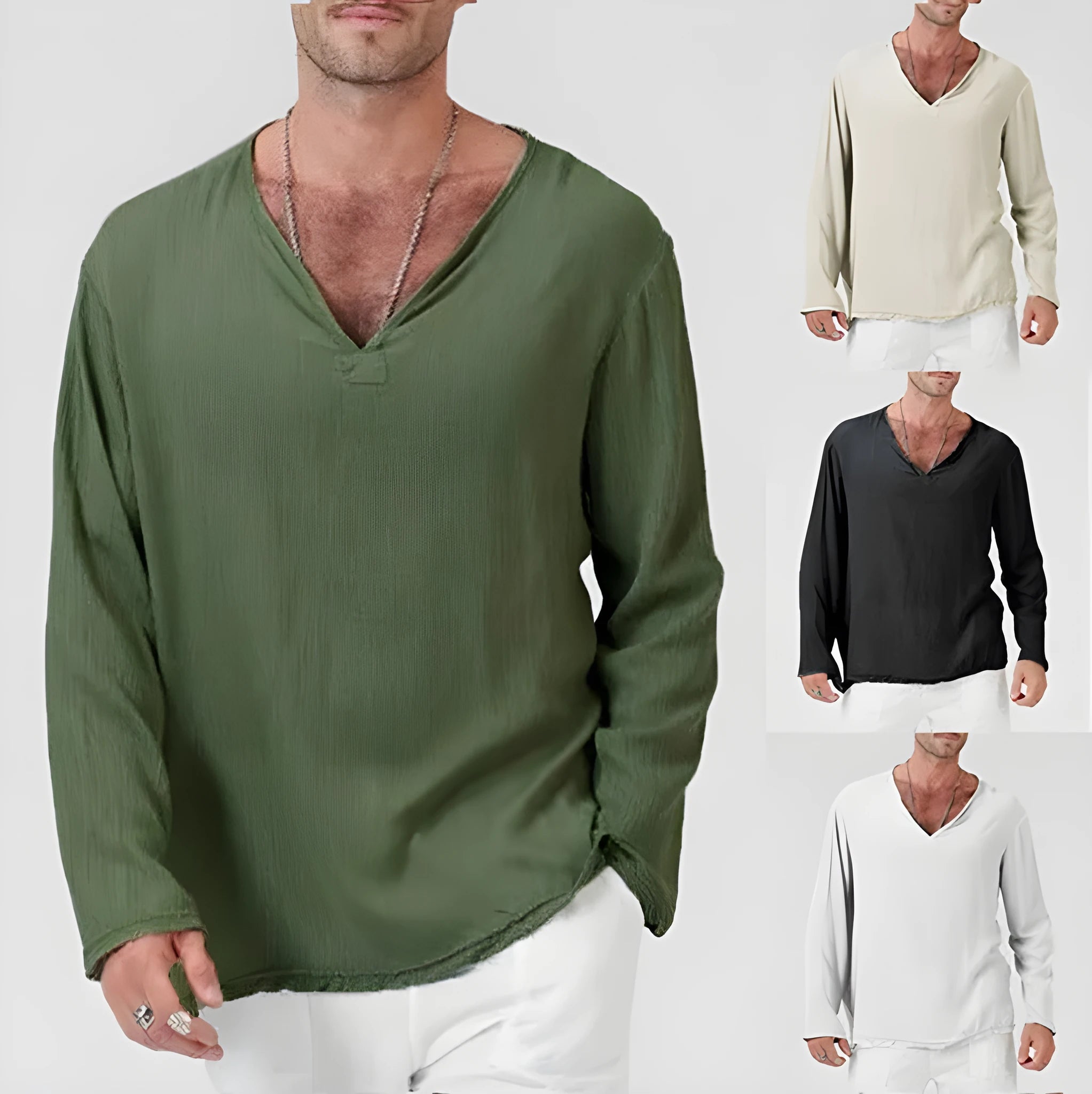 Men's cotton and linen ethnic style V-neck long sleeve T-shirt in khaki, front view