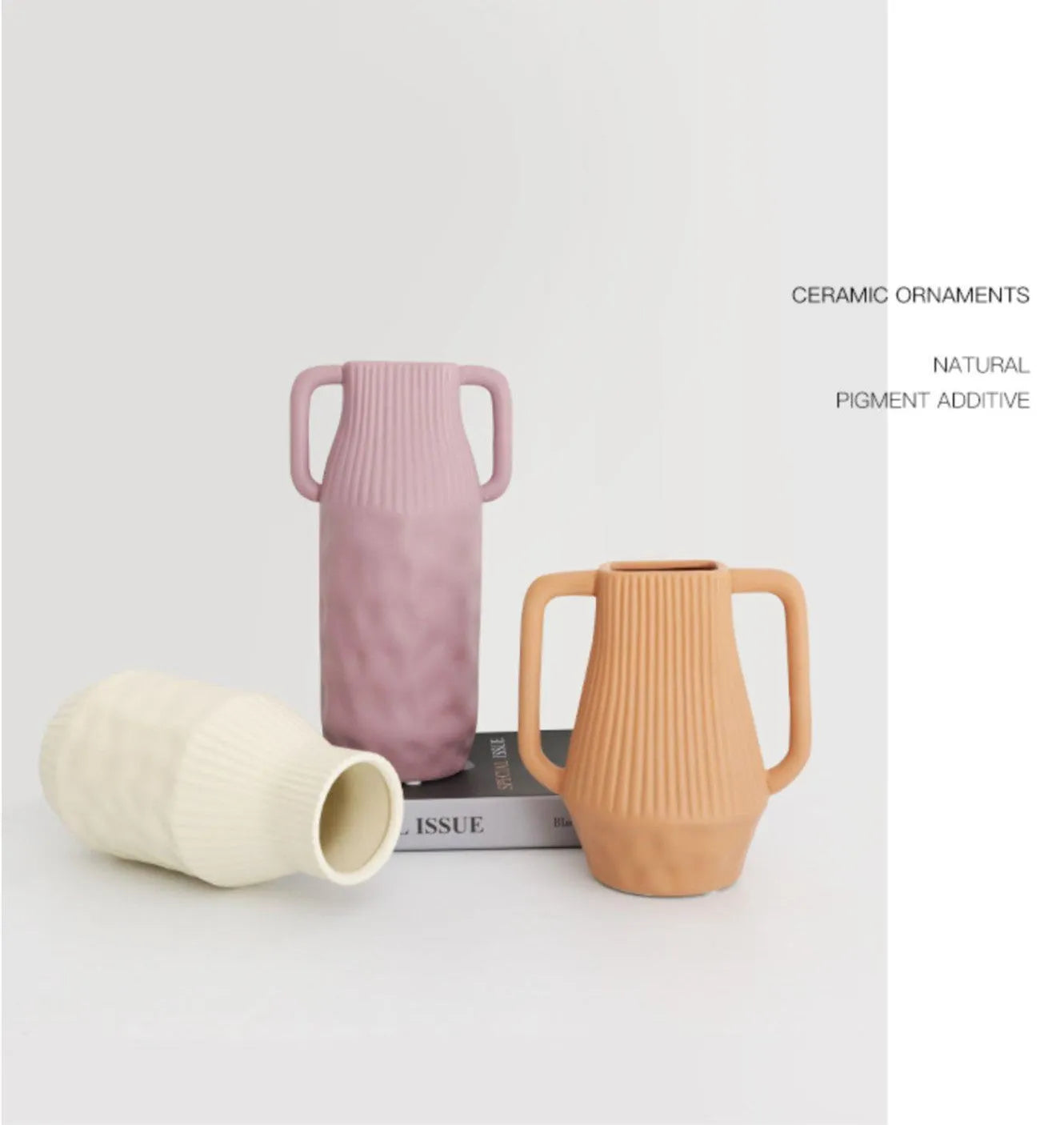 Minimalist ceramic vase with hammer glaze in beige, brown, or purple on a shelf.
