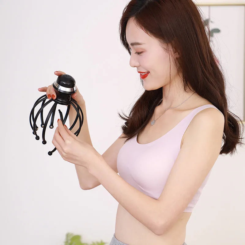 Black rechargeable electric head massager with 12 claw octopus design
