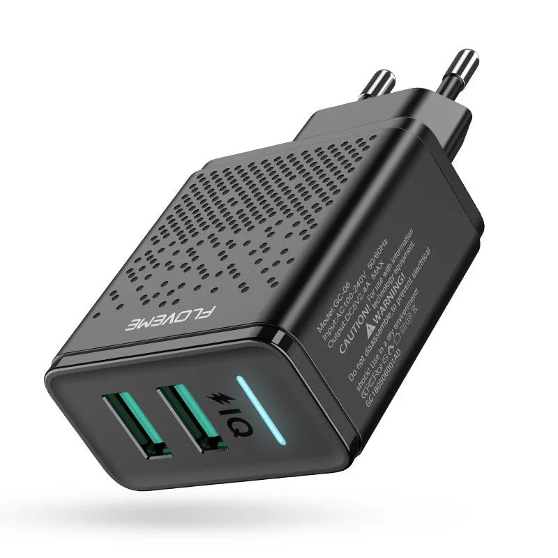 Dual port USB charger with EU plug in black or white colour