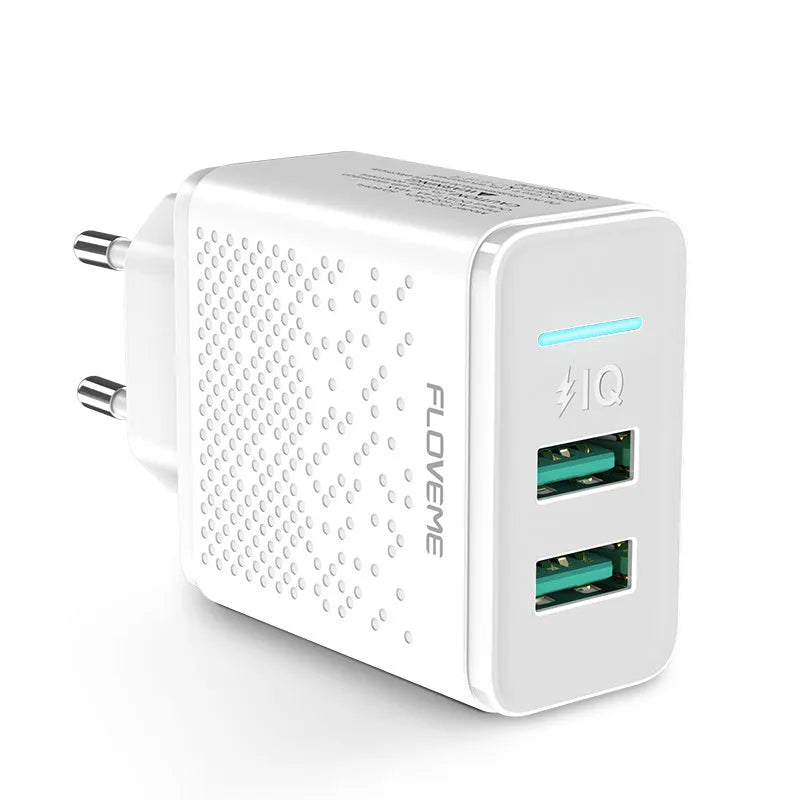 Dual port USB charger with EU plug in black or white colour