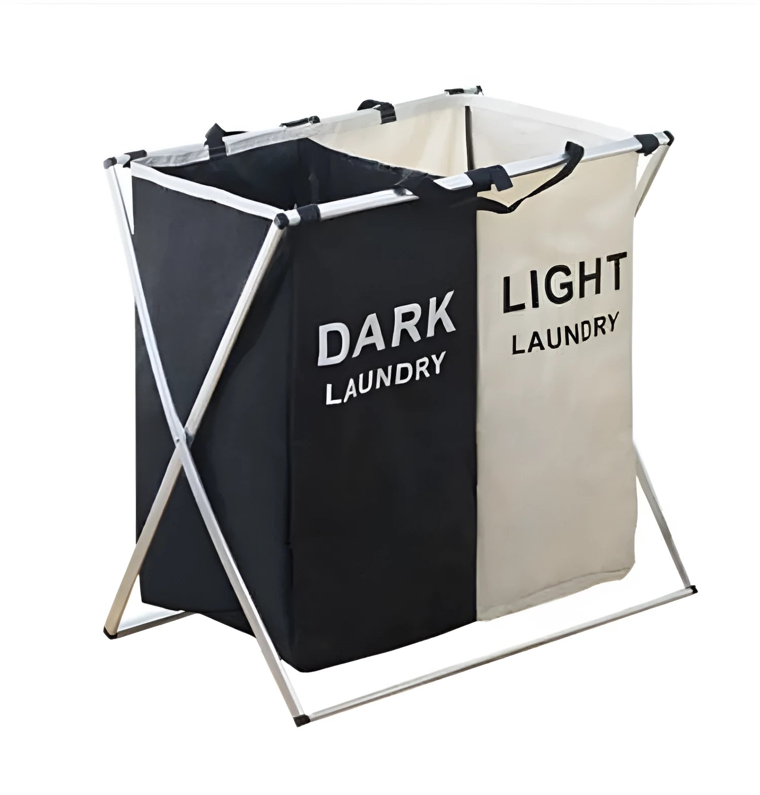 Collapsible multi-compartment laundry hamper with Oxford cloth and aluminium frame, double grid, beige and black