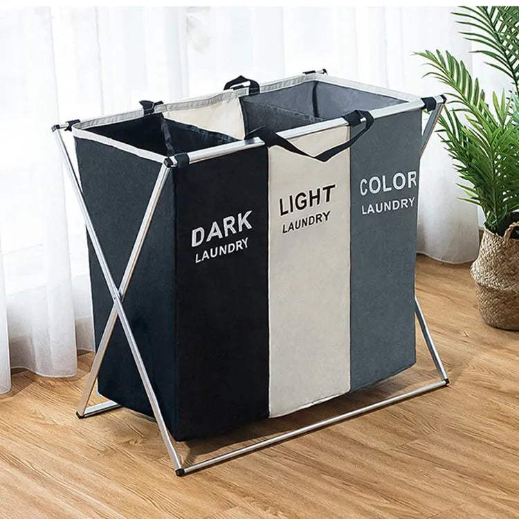 Collapsible multi-compartment laundry hamper with Oxford cloth and aluminium frame, double grid, beige and black