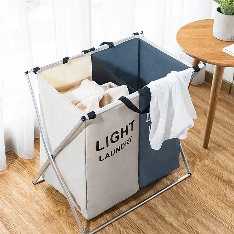 Collapsible multi-compartment laundry hamper with Oxford cloth and aluminium frame, double grid, beige and black