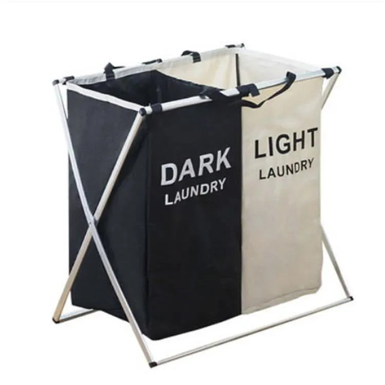 Collapsible multi-compartment laundry hamper with Oxford cloth and aluminium frame, double grid, beige and black