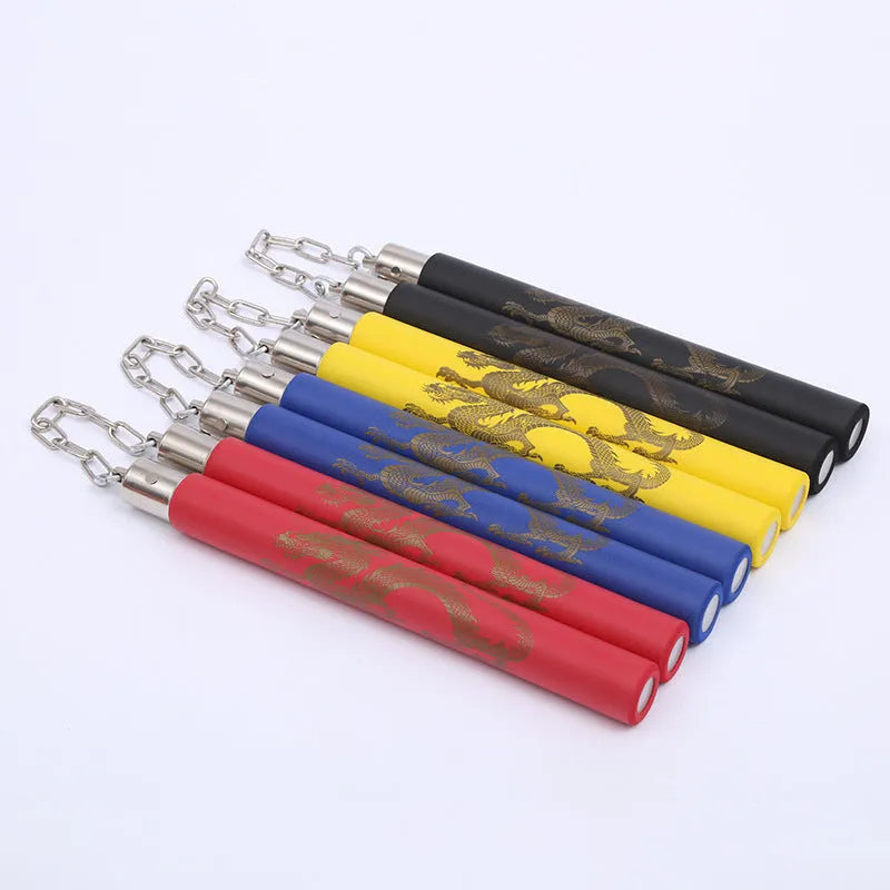 Red, blue, yellow, and black soft foam nunchakus with an iron chain, each stick 28cm long.