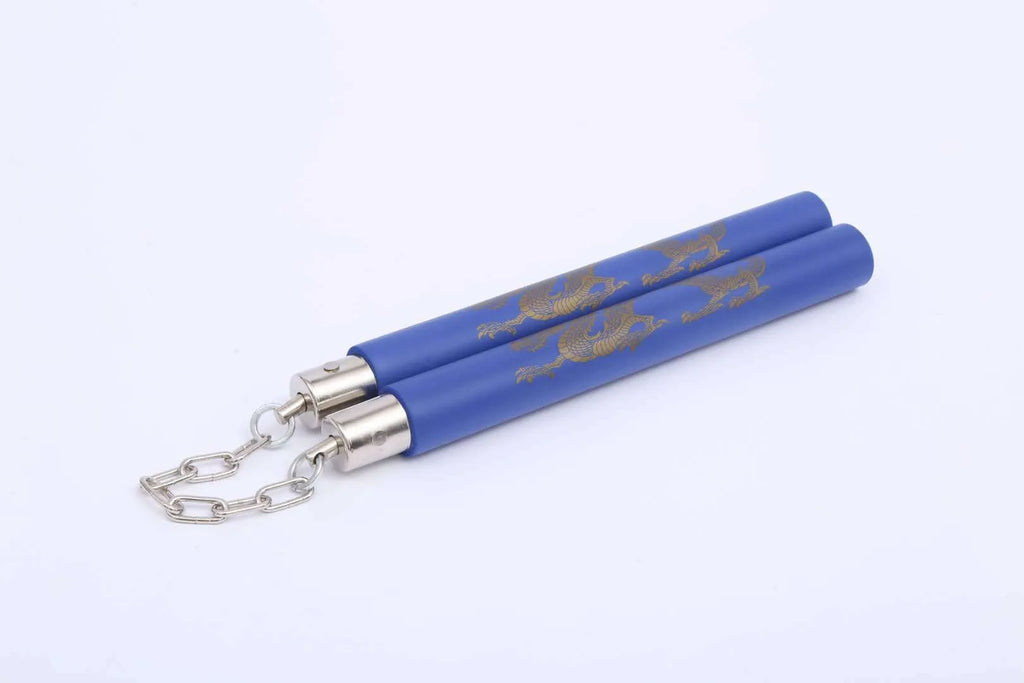 Red, blue, yellow, and black soft foam nunchakus with an iron chain, each stick 28cm long.