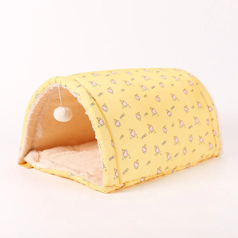 Cloth cat tunnel in pink and yellow, size 20x35x50cm, used as pet nest