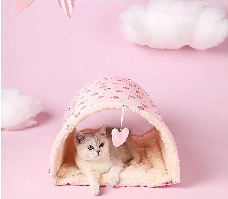 Cloth cat tunnel in pink and yellow, size 20x35x50cm, used as pet nest
