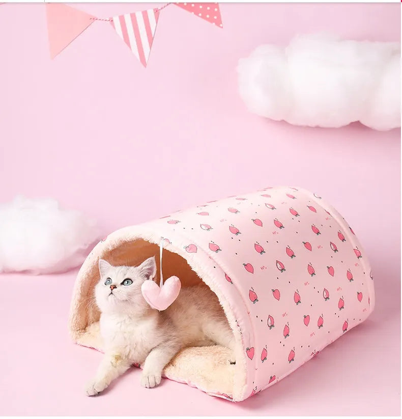 Cloth cat tunnel in pink and yellow, size 20x35x50cm, used as pet nest