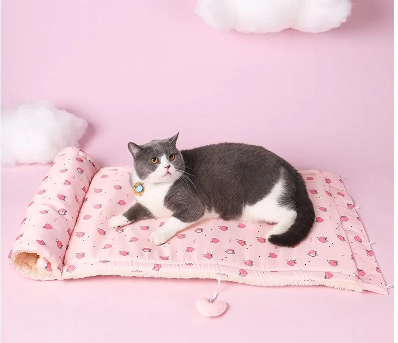Cloth cat tunnel in pink and yellow, size 20x35x50cm, used as pet nest