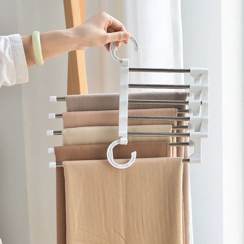 Telescopic folding stainless steel pants rack for wardrobe hanging trousers and scarves