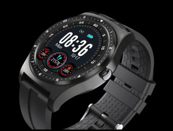 Black full touch smart watch with silicone strap displaying heart rate and blood pressure data on screen