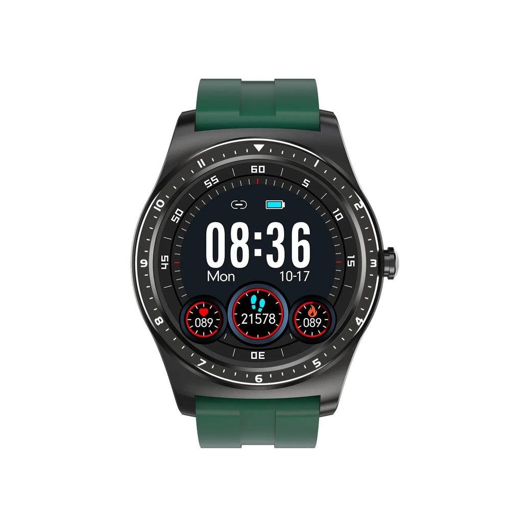 Black full touch smart watch with silicone strap displaying heart rate and blood pressure data on screen
