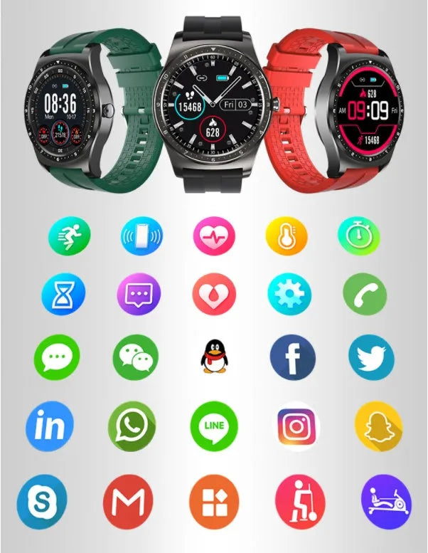 Black full touch smart watch with silicone strap displaying heart rate and blood pressure data on screen
