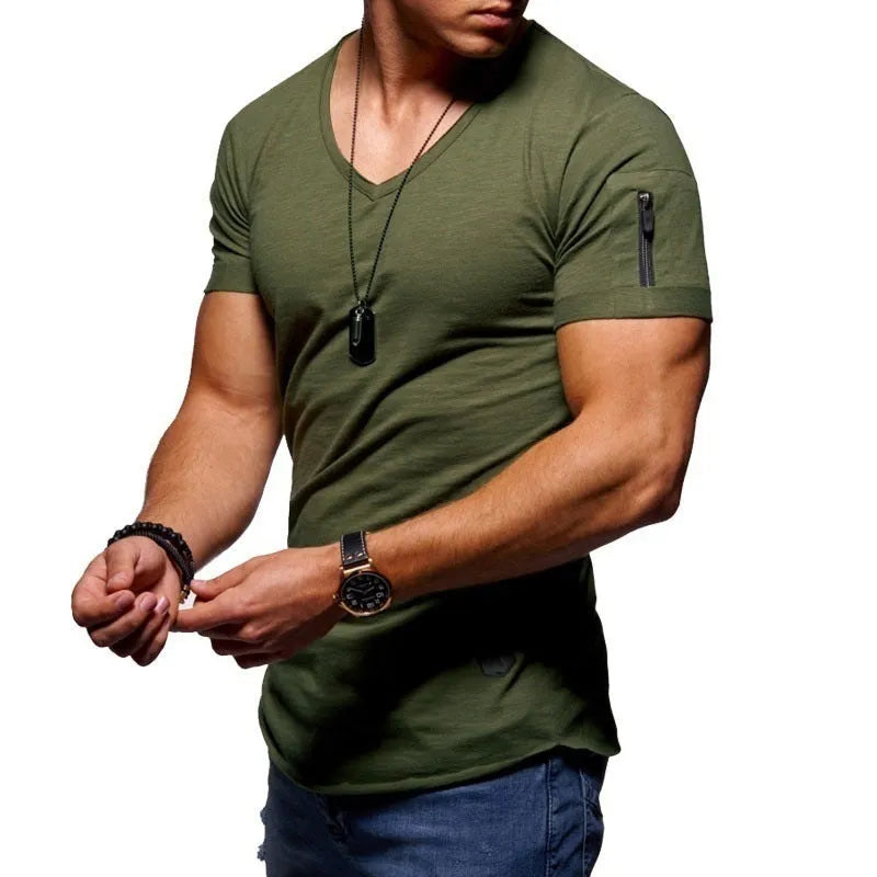 Men's V-neck short-sleeved cotton blend slim-fit youth shirt in military green colour with button front