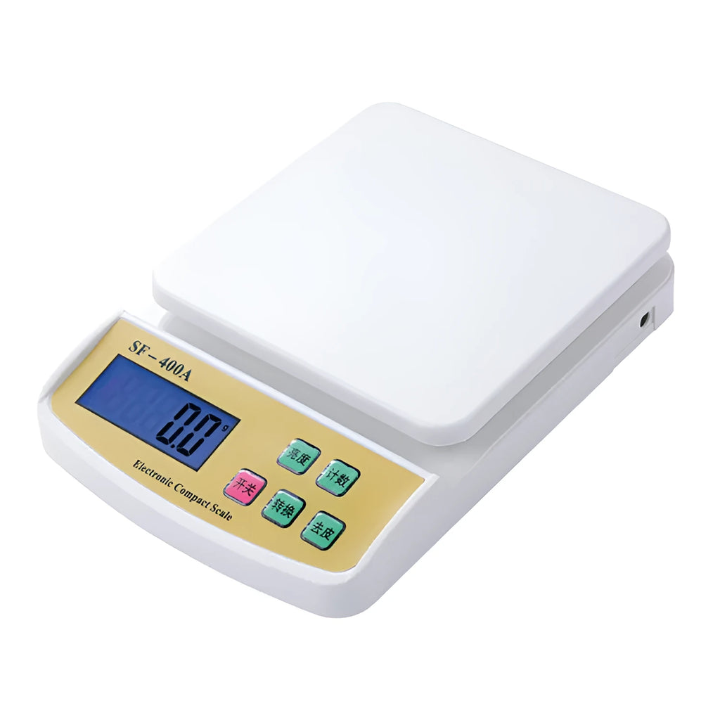 Electronic kitchen scale with digital display showing weight measurement, powered by AA batteries