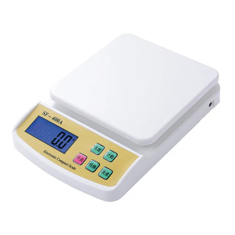 Electronic kitchen scale with digital display showing weight measurement, powered by AA batteries
