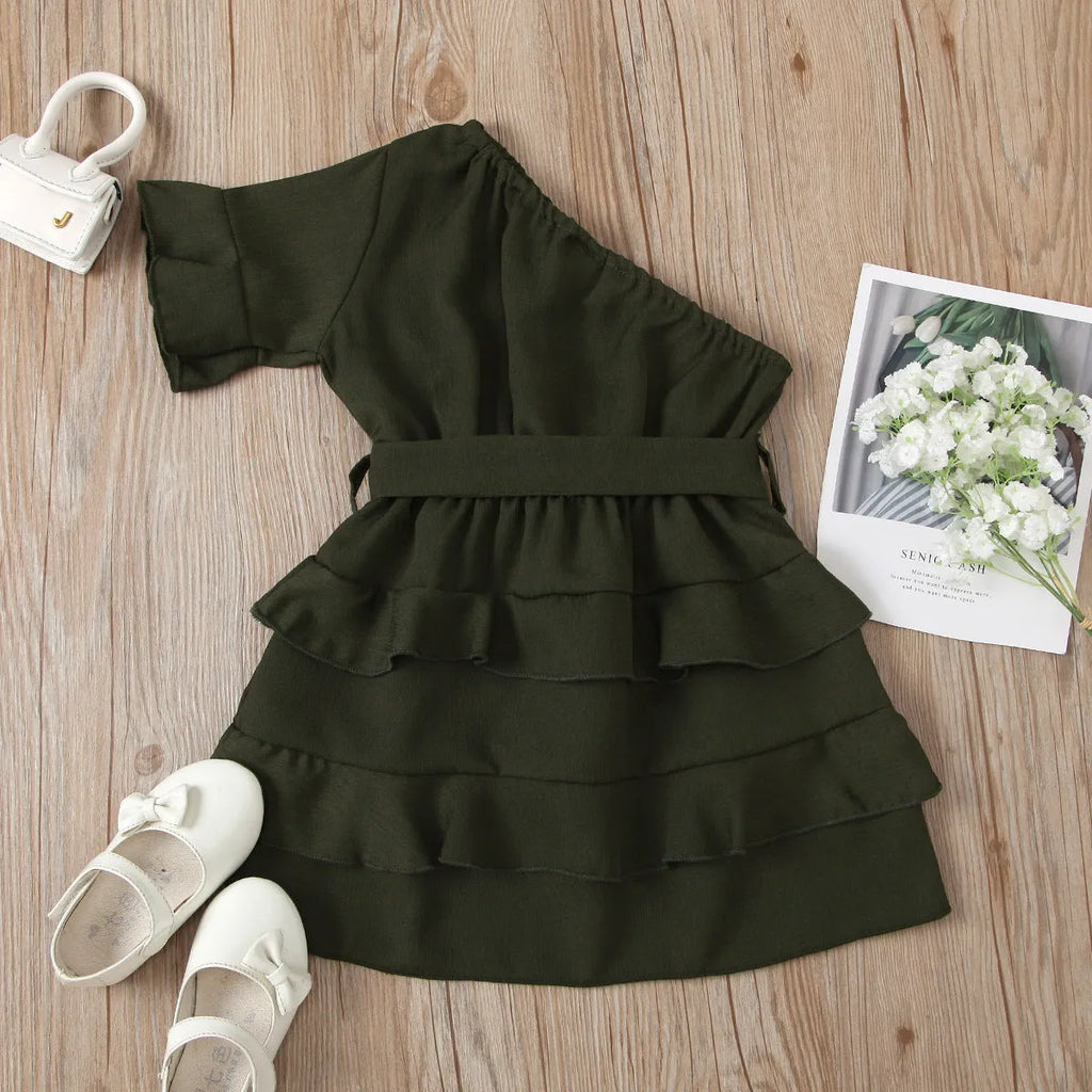 Girl's A-class safety dress with cake skirt and bow in plain pattern sizes 90-130cm