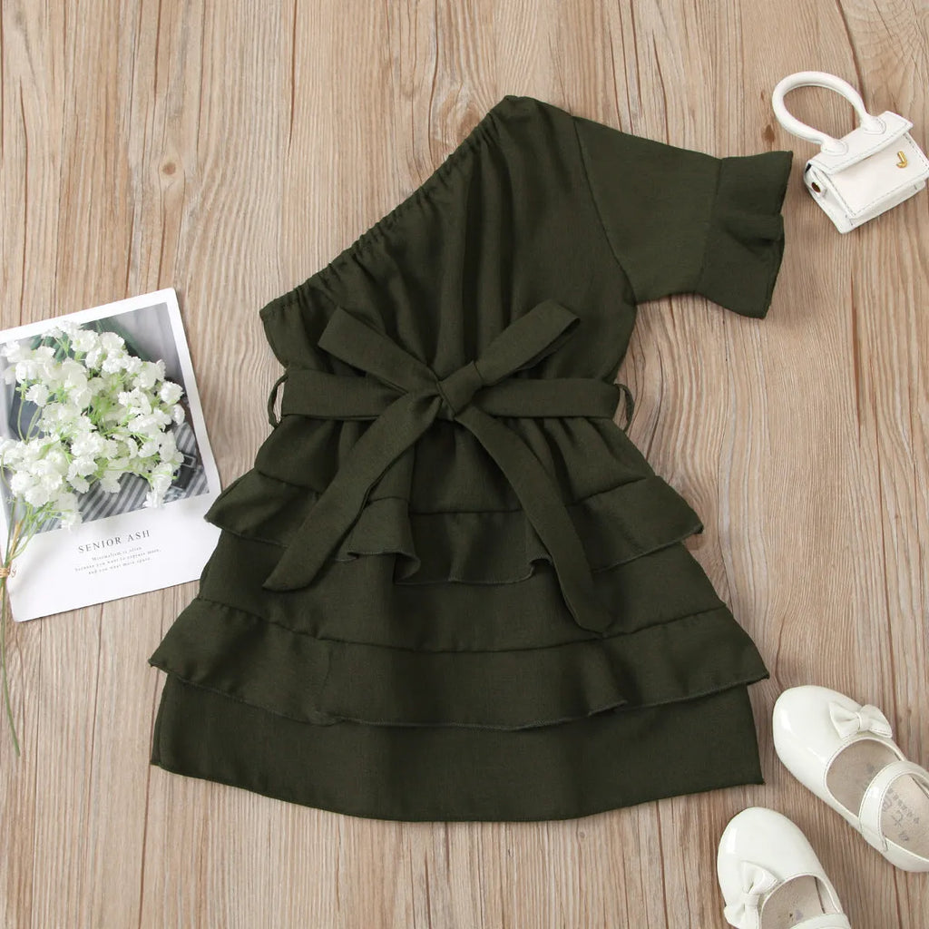 Girl's A-class safety dress with cake skirt and bow in plain pattern sizes 90-130cm