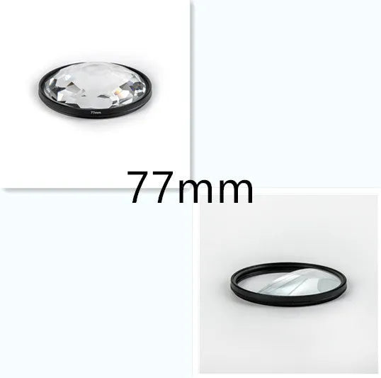 77mm half moon mirror split focus filter for SLR cameras with cleaning cloth and storage bag.