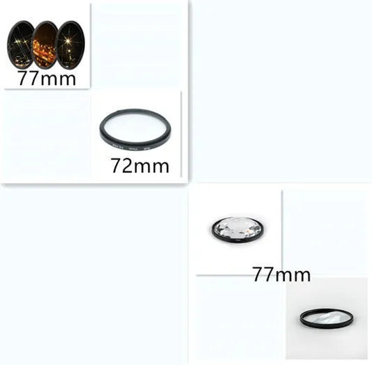 77mm half moon mirror split focus filter for SLR cameras with cleaning cloth and storage bag.
