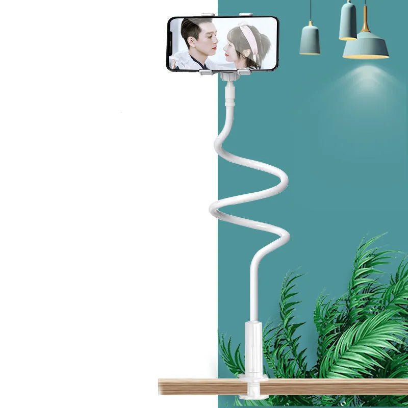 Blue adjustable mobile phone holder with memory alloy hose on a wooden bedside table.