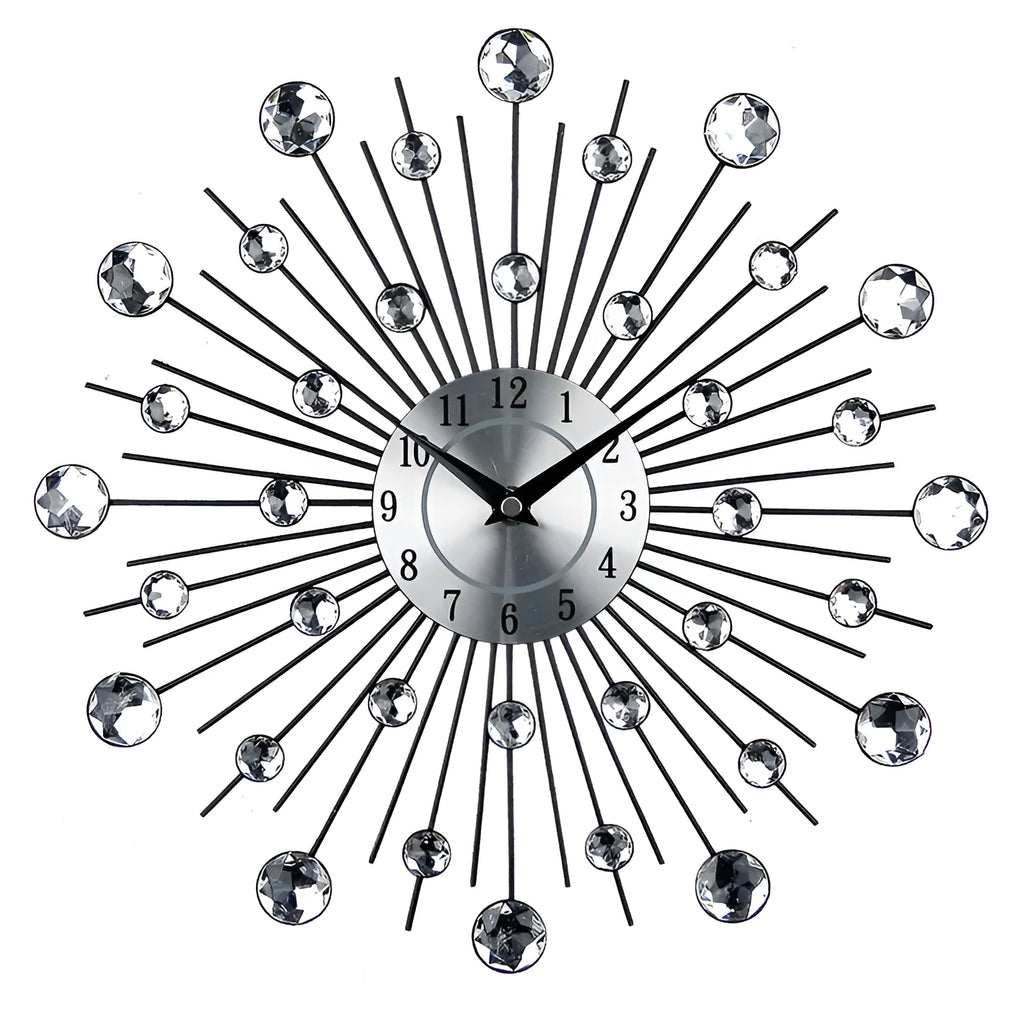 Silver round wall clock with aluminium dial showing 33cm diameter and pointer display