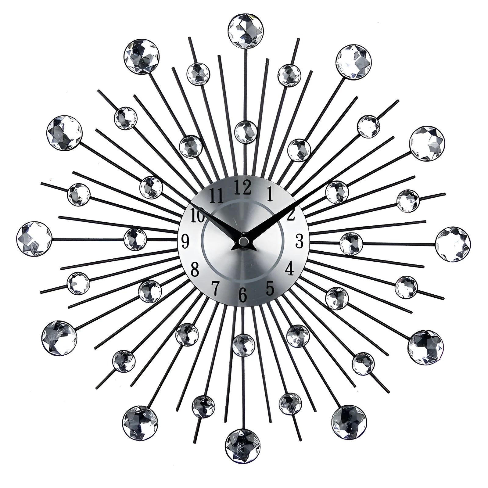 Silver round wall clock with aluminium dial showing 33cm diameter and pointer display