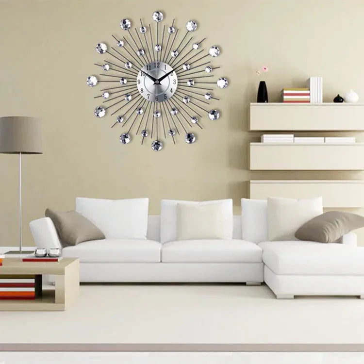 Silver round wall clock with aluminium dial showing 33cm diameter and pointer display