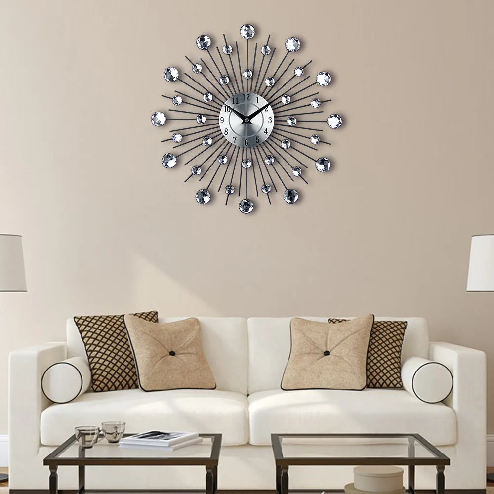 Silver round wall clock with aluminium dial showing 33cm diameter and pointer display