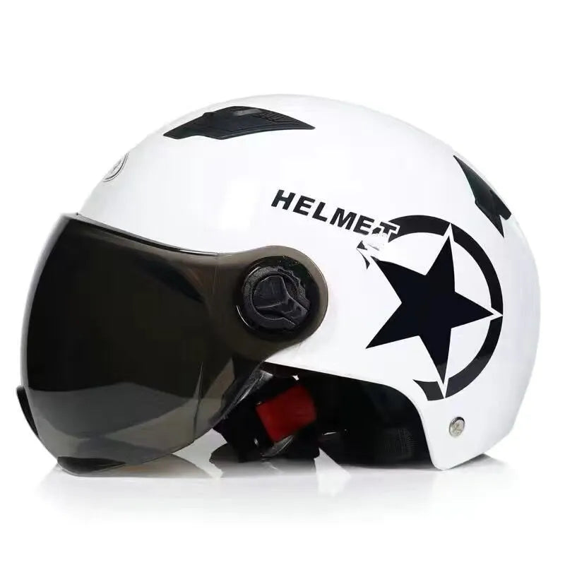 Breathable anti-collision electric car helmet with ABS shell and clear windshield on neutral background