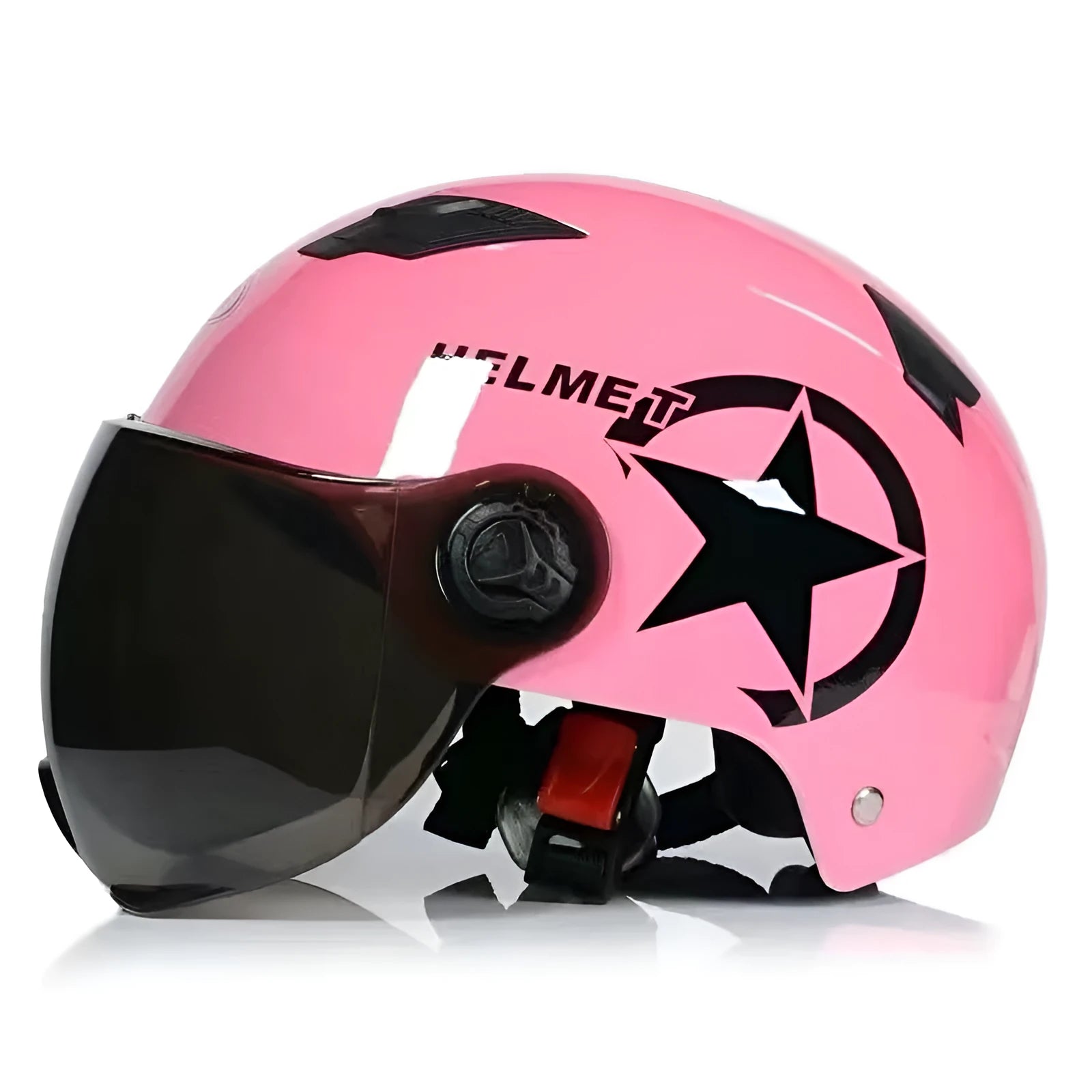 Breathable anti-collision electric car helmet with ABS shell and clear windshield on neutral background