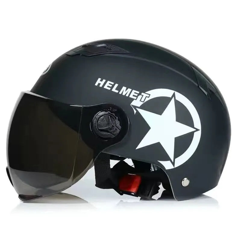 Breathable anti-collision electric car helmet with ABS shell and clear windshield on neutral background