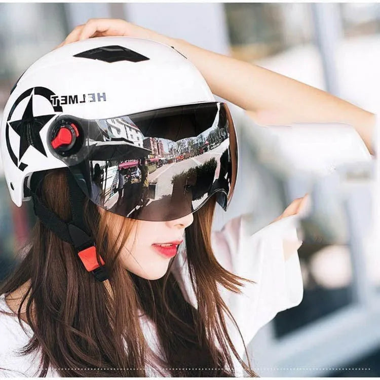 Breathable anti-collision electric car helmet with ABS shell and clear windshield on neutral background