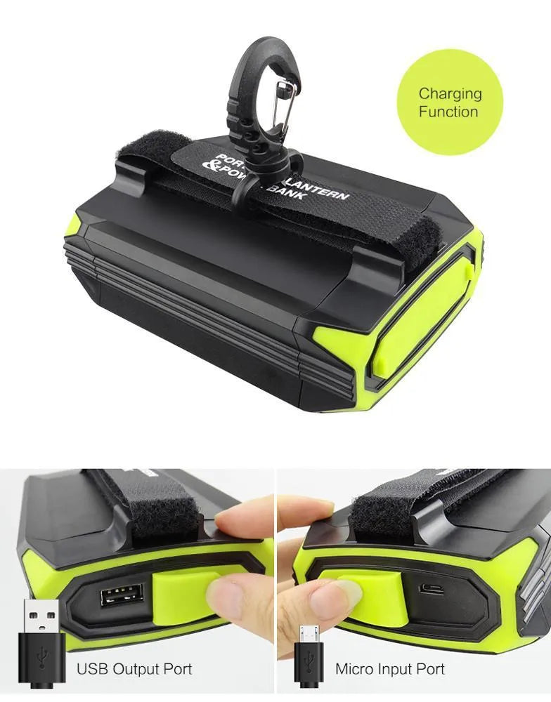 Green aluminium alloy camping light with dimming function and USB port