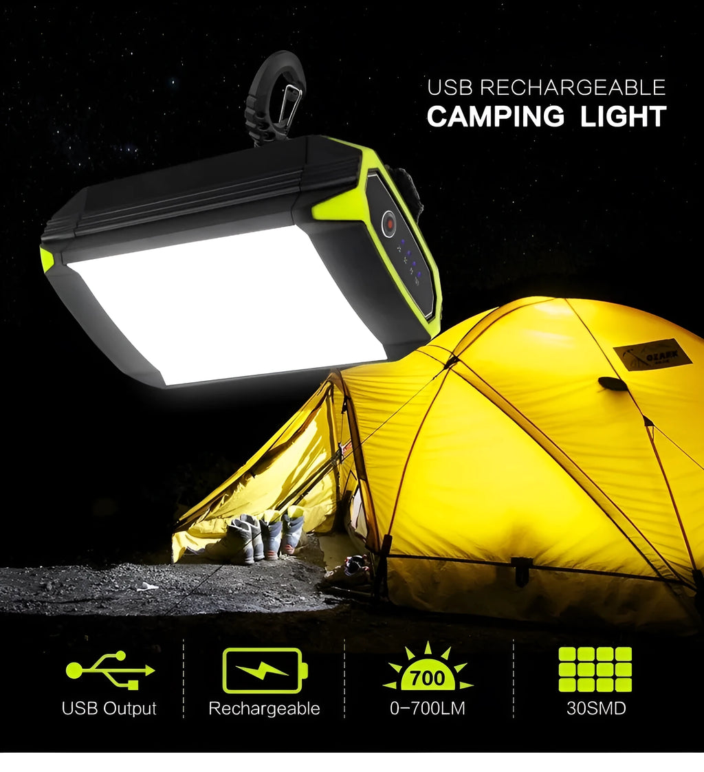 Green aluminium alloy camping light with dimming function and USB port