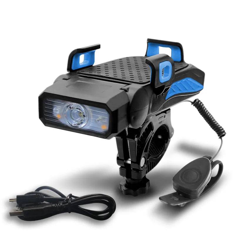 Rechargeable black bicycle light mounted on handlebars with bright LED beam