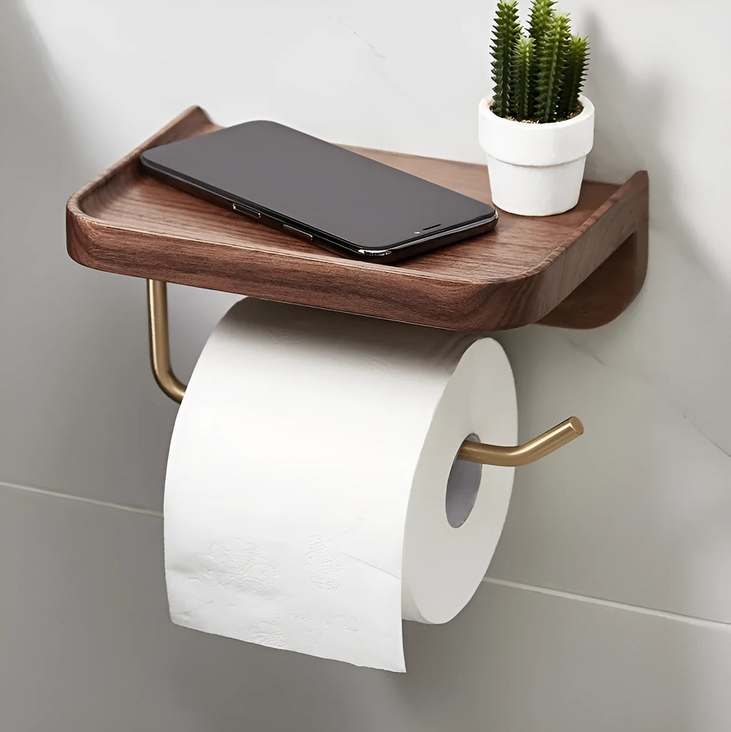 Solid walnut wood wall-mounted paper towel holder with brass fittings