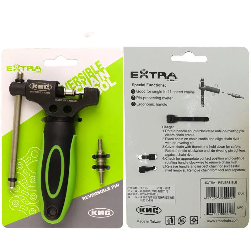 Green steel bicycle chain cutter tool with double shaft chaining device on a workbench