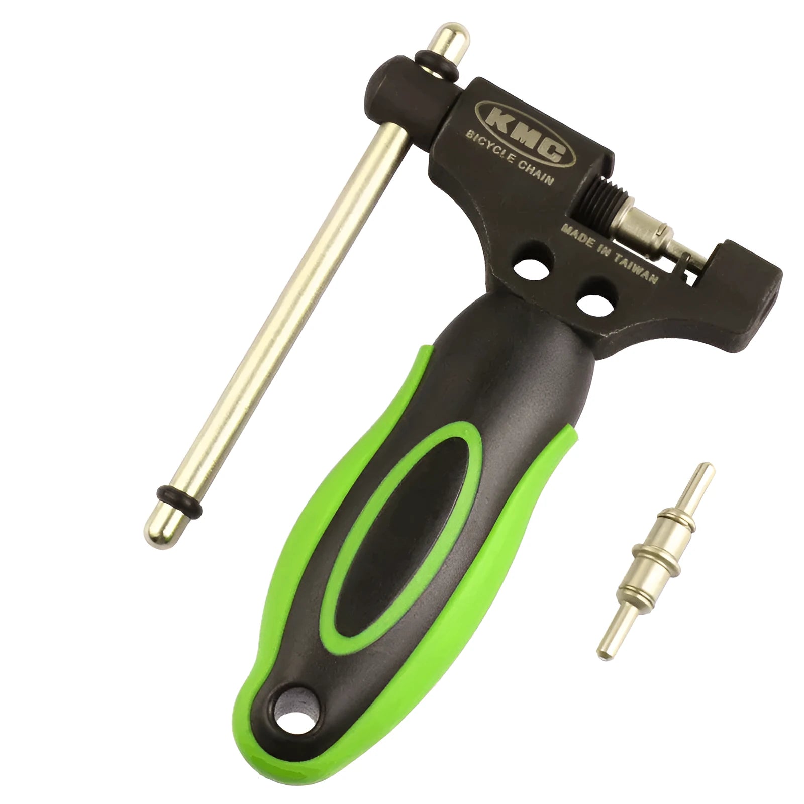 Green steel bicycle chain cutter tool with double shaft chaining device on a workbench