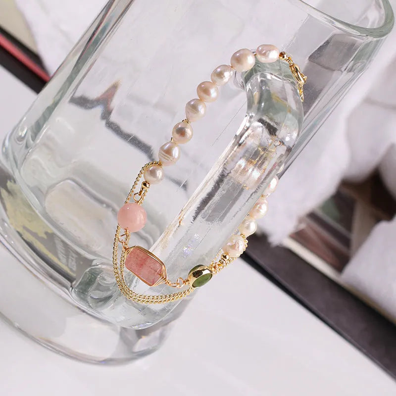 Pink freshwater pearl bracelet with strawberry quartz crystals and geometric metal charms