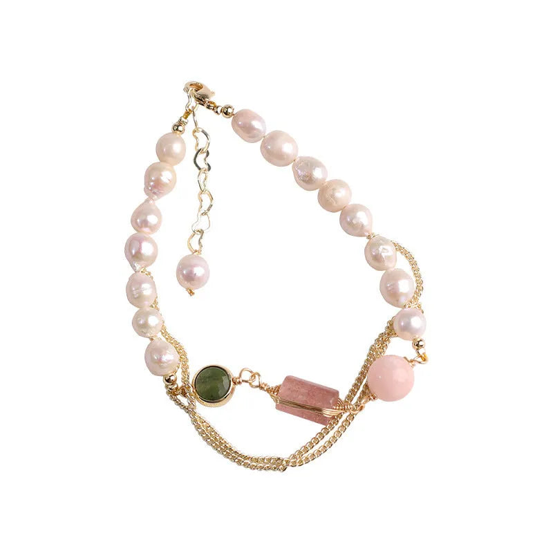 Pink freshwater pearl bracelet with strawberry quartz crystals and geometric metal charms