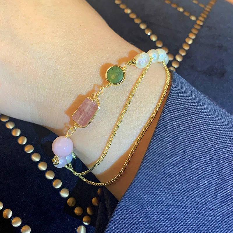 Pink freshwater pearl bracelet with strawberry quartz crystals and geometric metal charms