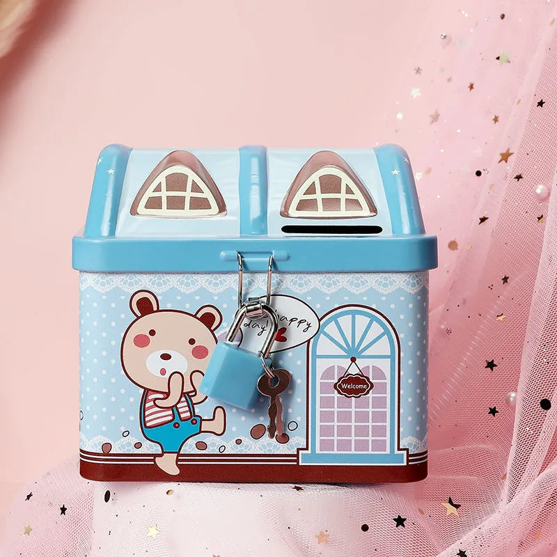 Blue house-shaped tinplate piggy bank with round coin slot for desktop coin storage
