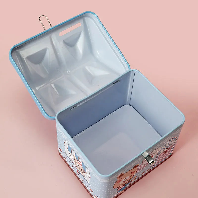 Blue house-shaped tinplate piggy bank with round coin slot for desktop coin storage