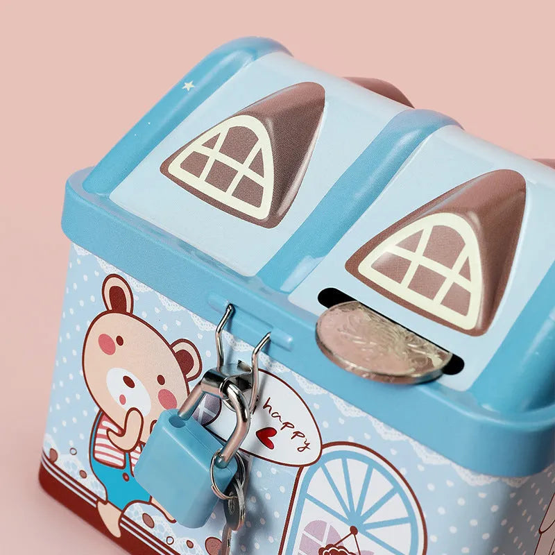 Blue house-shaped tinplate piggy bank with round coin slot for desktop coin storage