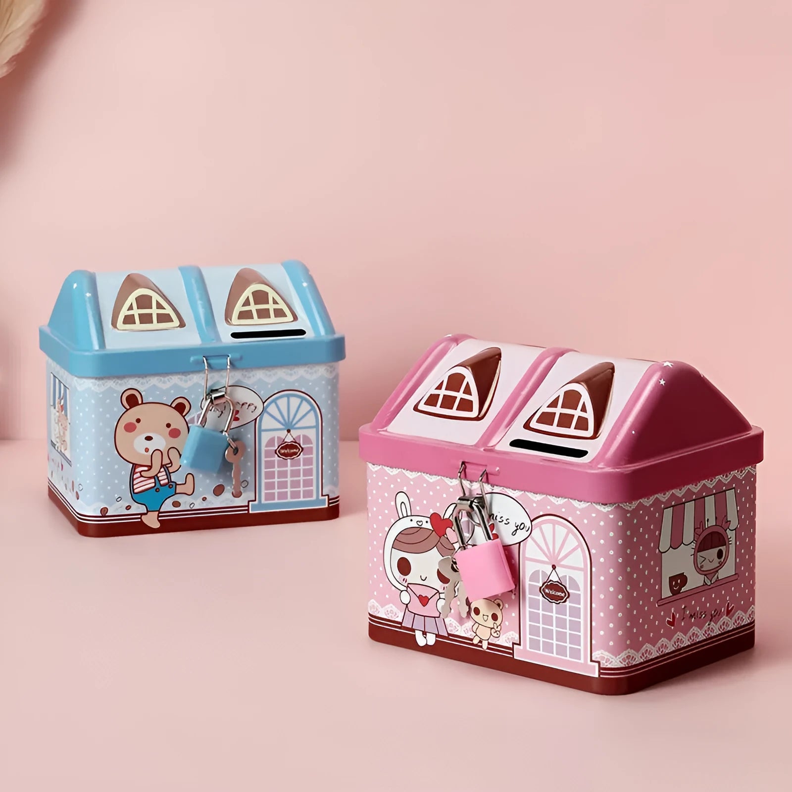 Blue house-shaped tinplate piggy bank with round coin slot for desktop coin storage