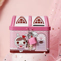 Blue house-shaped tinplate piggy bank with round coin slot for desktop coin storage