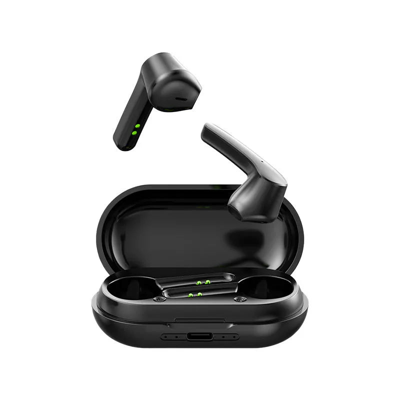 Black wireless Bluetooth in-ear sports earbuds with noise cancellation and power display